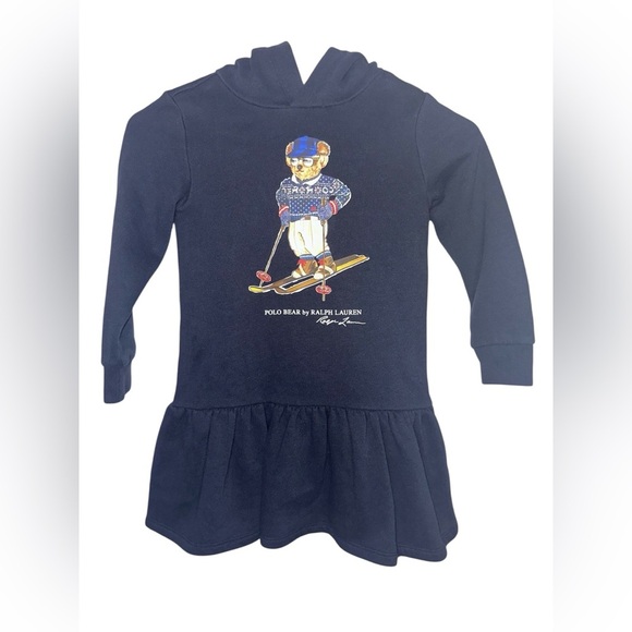 Polo Ralph Lauren Fleece Hoodie Dress Bear on Skis Sweatshirt Girls Navy 6X - Picture 3 of 12